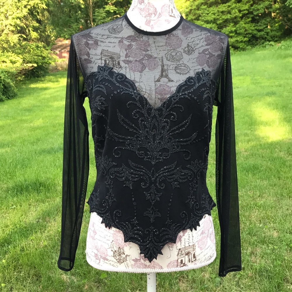 Vintage Tadashi Beaded Mesh Long Sleeve Top